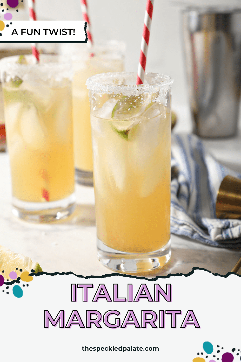 Three tall golden drinks garnished with limes and red striped straws with the text italian margarita