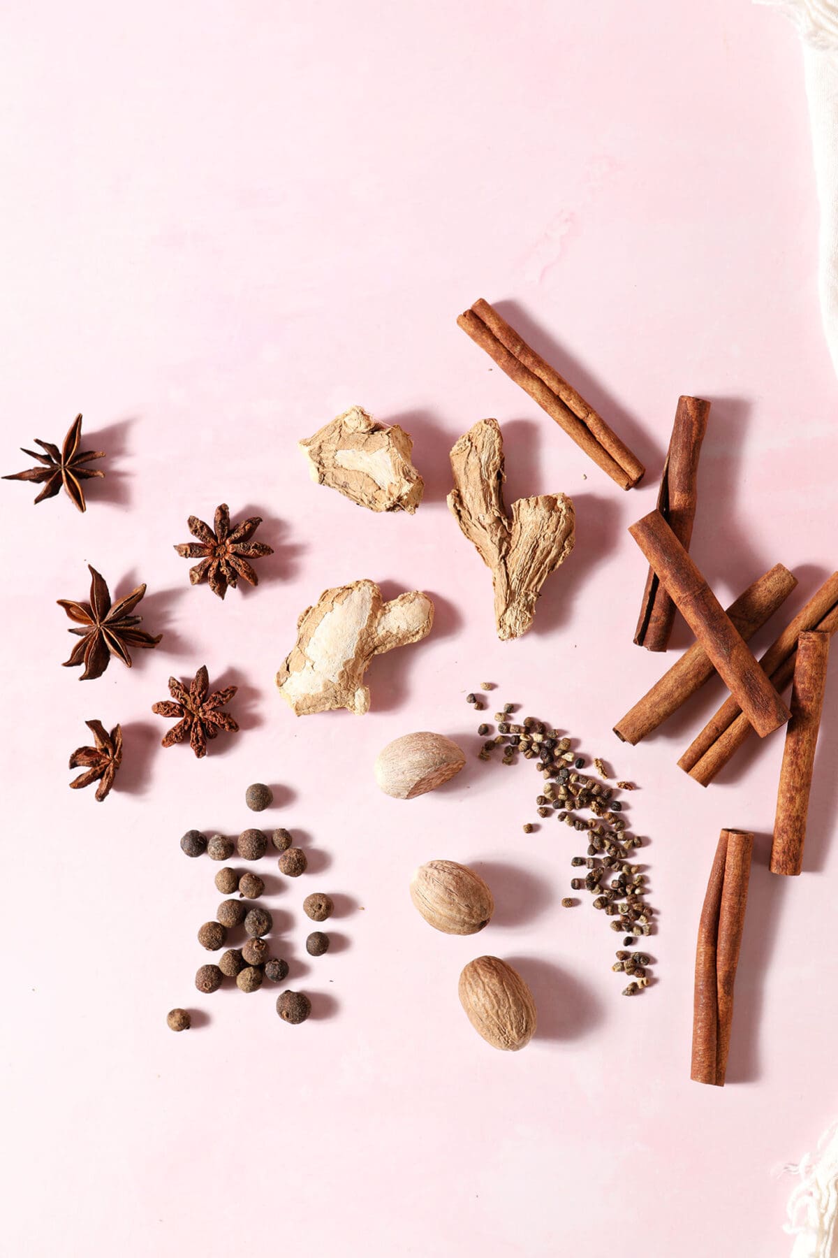 dried warming spices on a pink surface