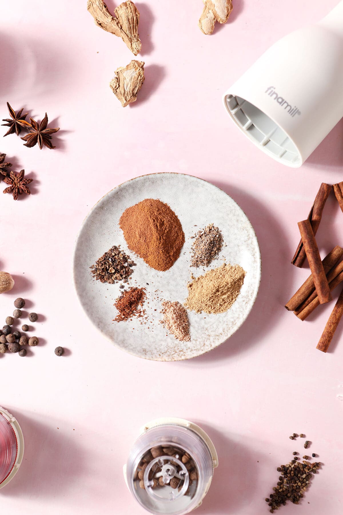 a grey plate of ground spices surrounded by whole spices and a spice grinder