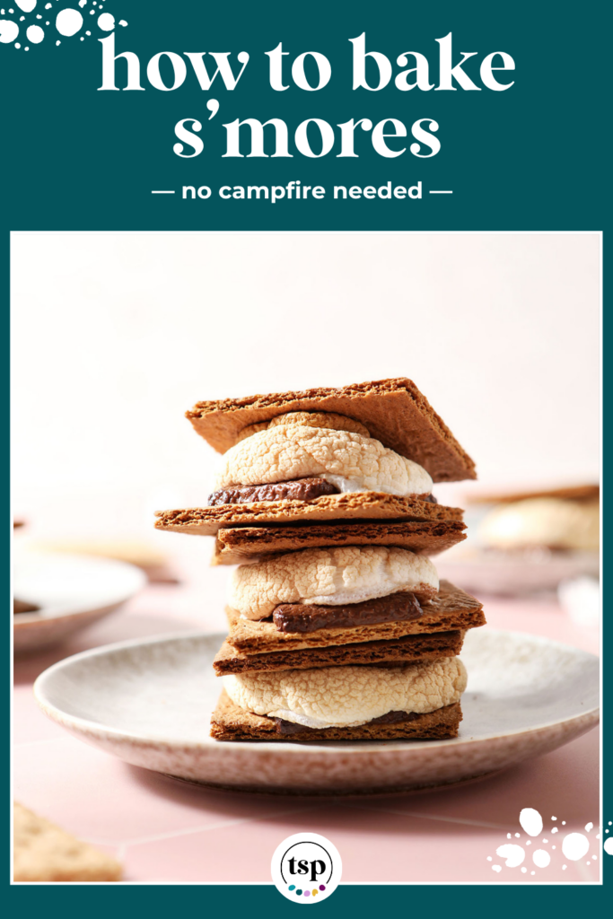 a stack of three s'mores on a grey plate with the text ow to bake s'mores no campfire needed