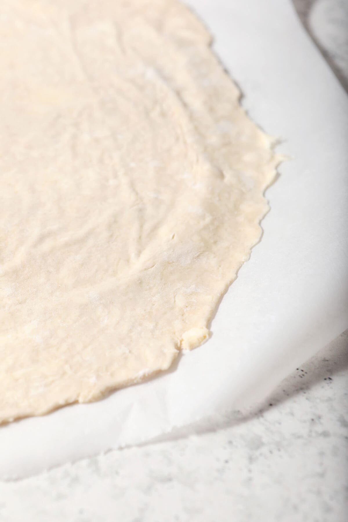 A thinly rolled pie crust on a sheet of parchment