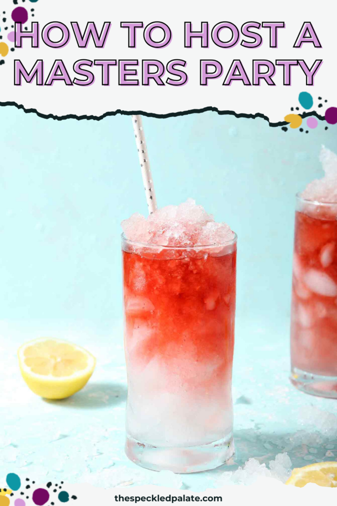 Two glasses of Arnold Palmer Iced Tea sit on a teal background with the text how to host a masters party