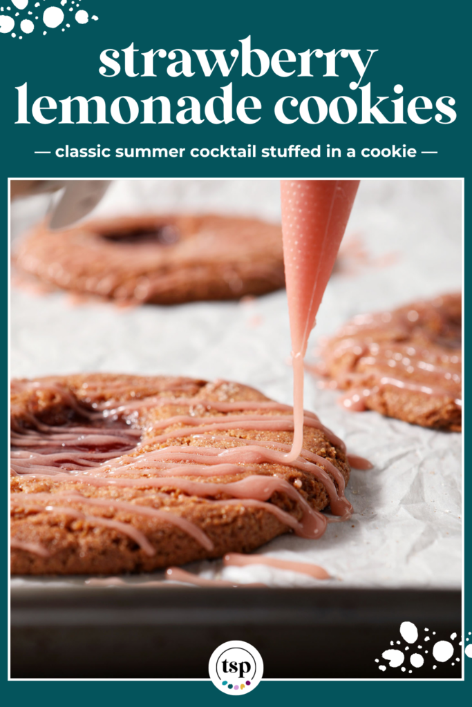 Icing drizzles onto a strawberry lemon cookie on a sheet pan with the text strawberry lemonade cookies classic summer cocktail stuffed in a cookie