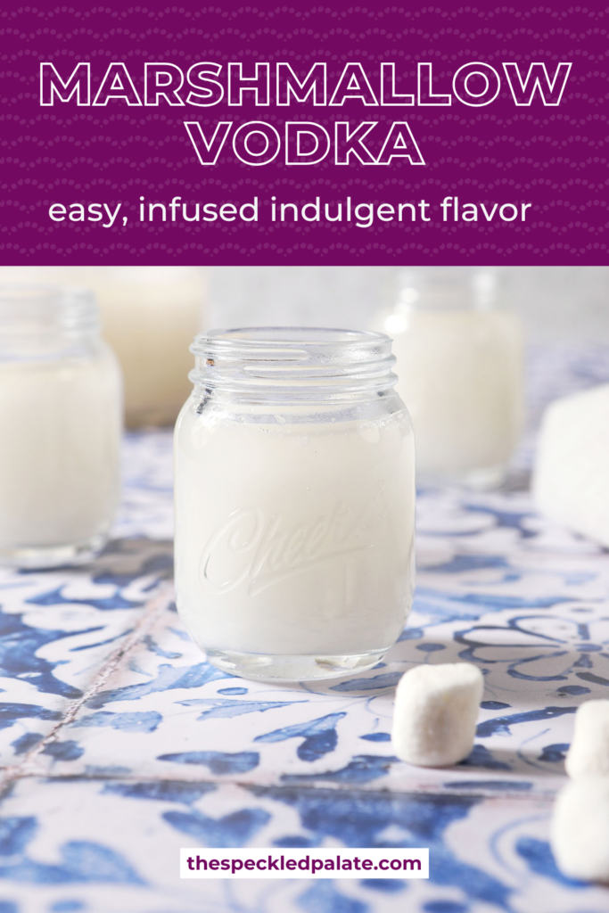 Two shot glasses of marshmallow vodka on a blue and white tiled surface with the text marshmallow vodka easy infused indulgent flavor