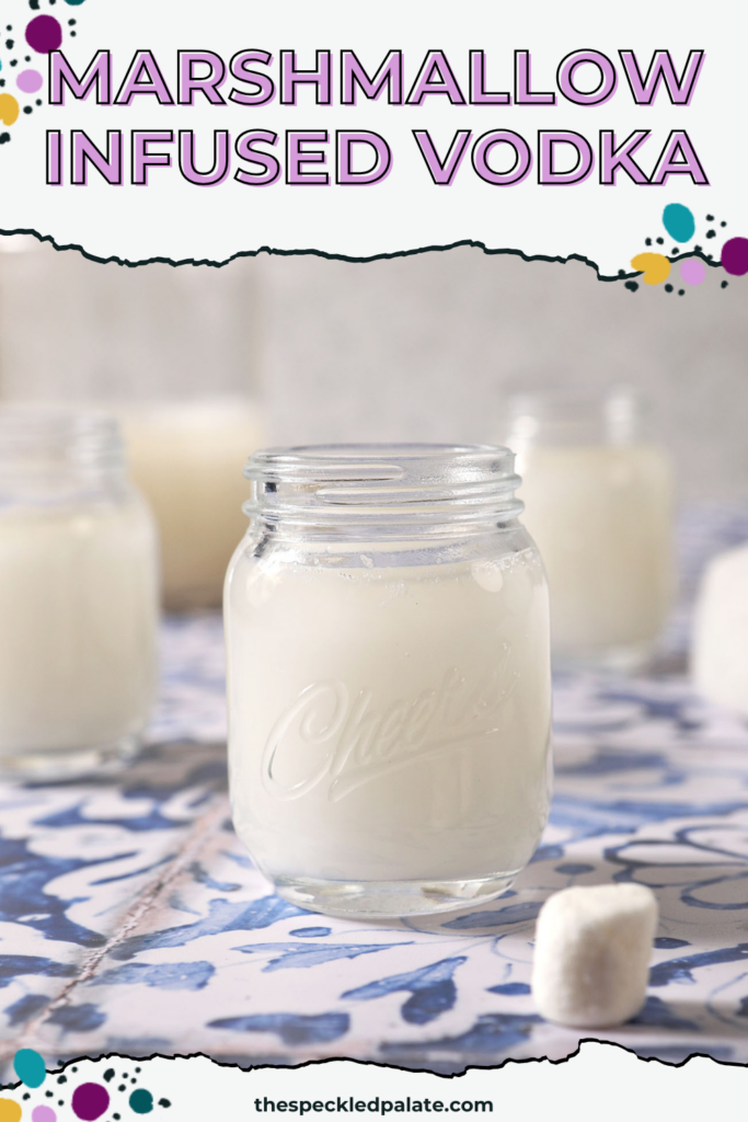Three shot glasses of marshmallow vodka on a blue and white tiled surface with the text marshmallow infused vodka