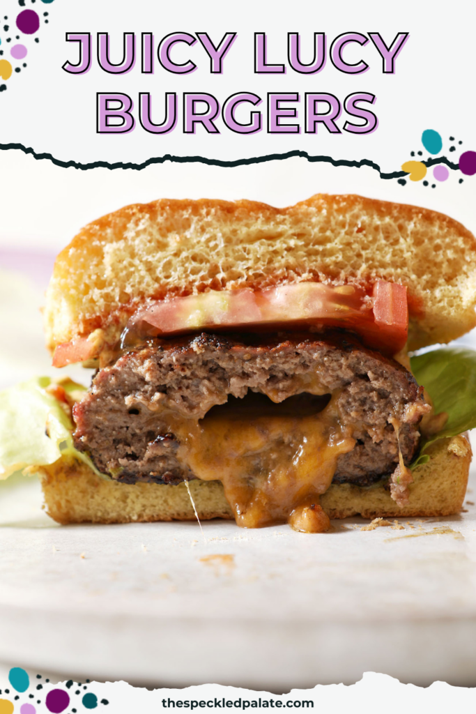 a halved burger stuffed with cheese and dressed with all the toppings sits on a white plate with the text juicy lucy burgers