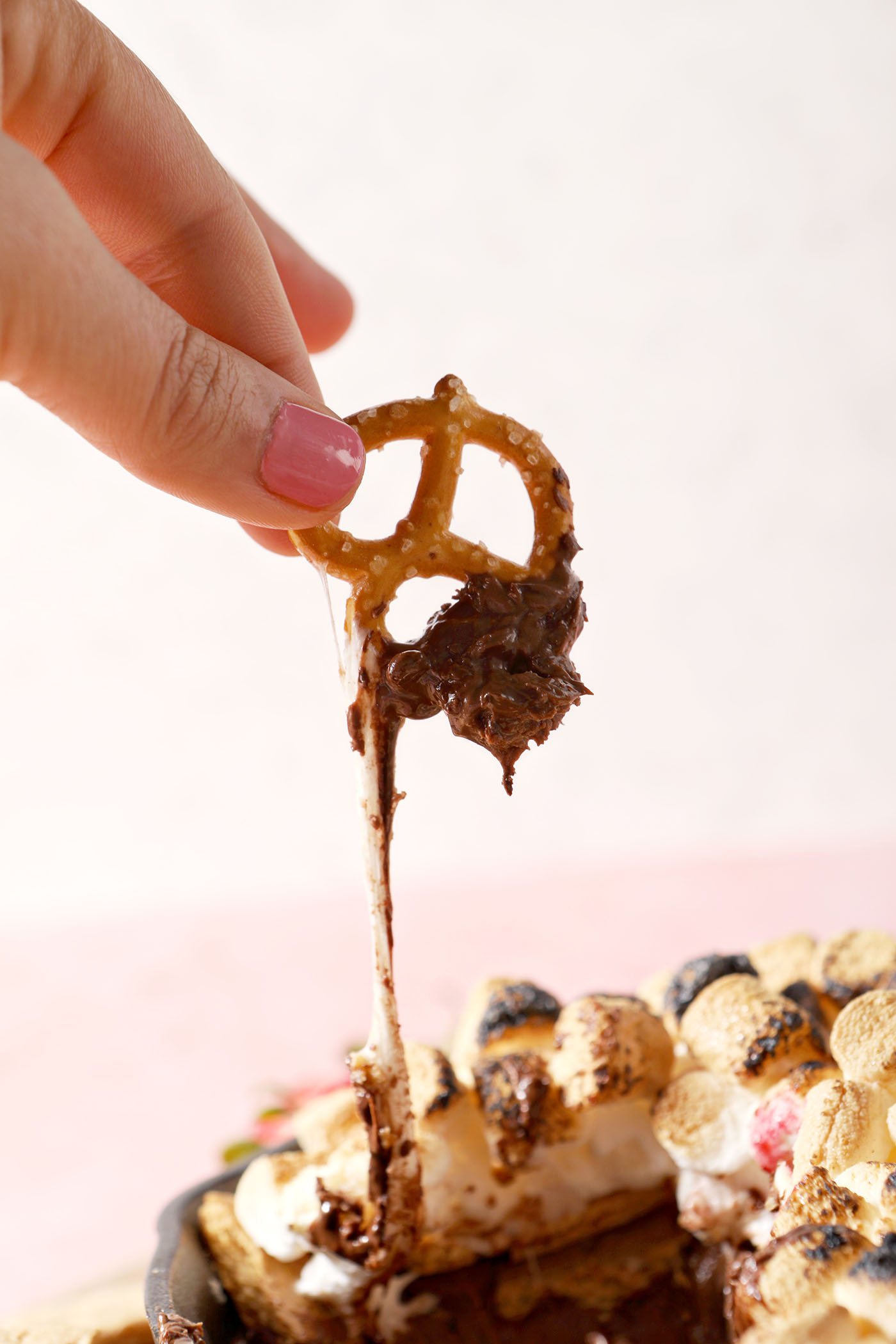 Chocolate and marshmallow pulls on a mini pretzel twist