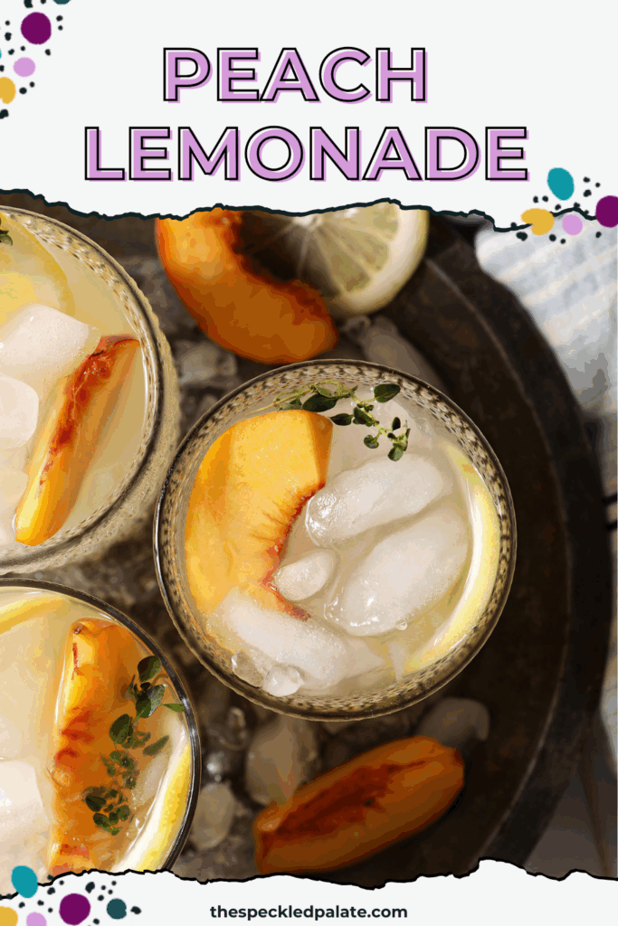 Overhead of three glasses of peach lemonade in a metal bowl with ice on a white tiled surface with a blue striped linen with the text peach lemonade