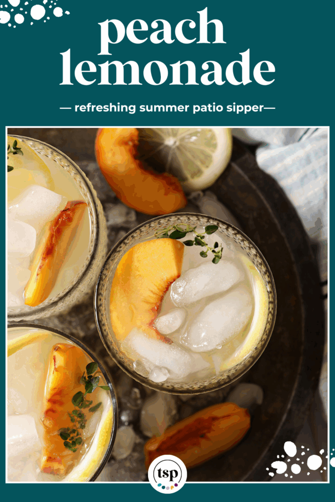 Overhead of three glasses of peach lemonade in a metal bowl with ice on a white tiled surface with a blue striped linen with the text peach lemonade refreshing summer patio sipper
