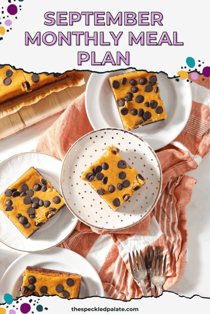 overhead of pumpkin bars with chocolate chips with the text september monthly meal plan