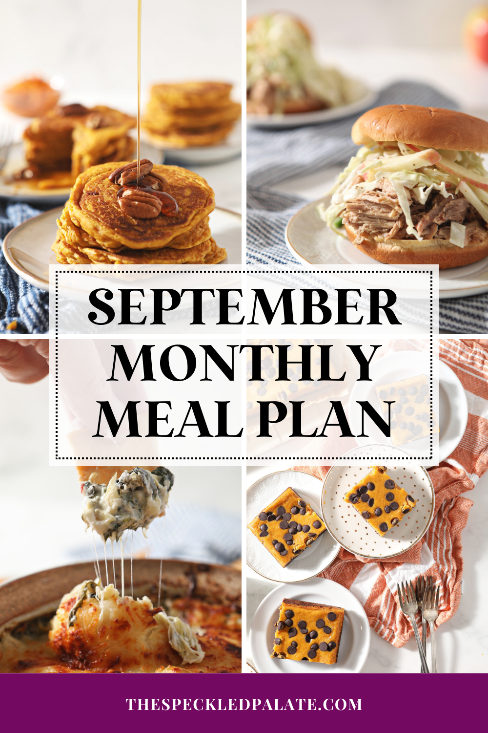 collage of four fall-centric food images with the text september monthly meal plan