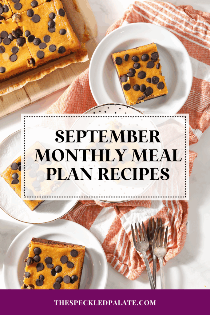overhead of pumpkin bars with chocolate chips with the text september monthly meal plan recipes