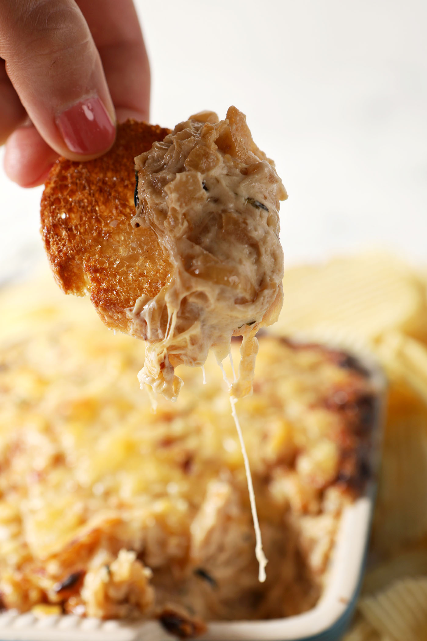Cheese drips from a toasted crostini after dipping into gooey caramelized onion dip