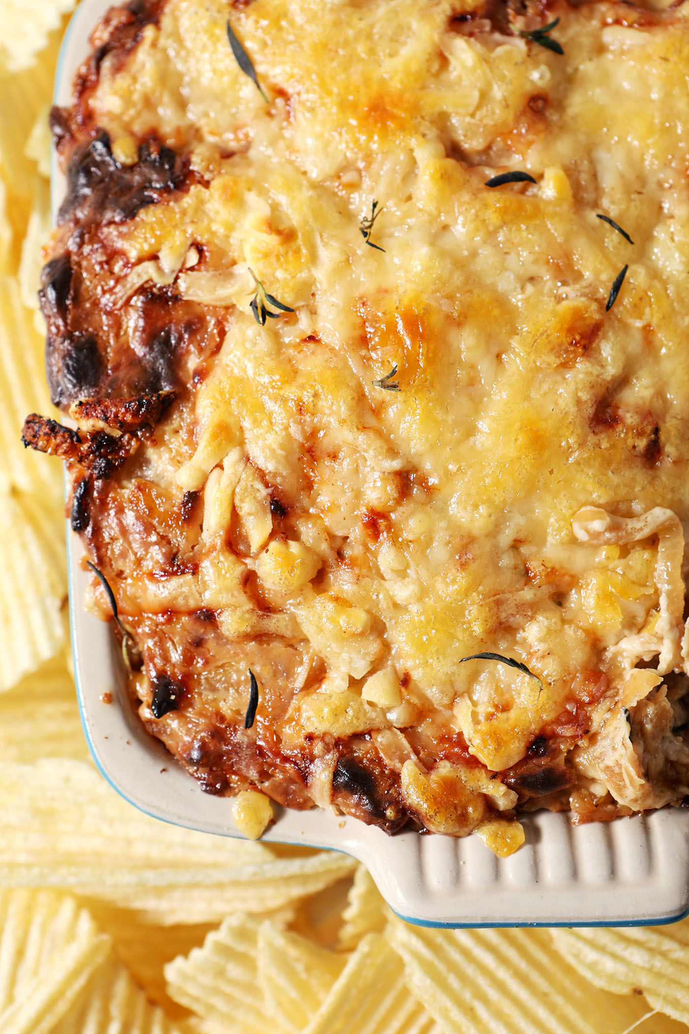 Detailed overhead of hot caramelized onion dip after coming out of the oven