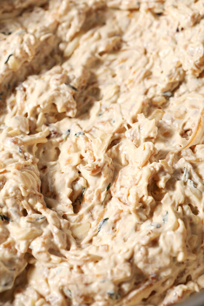 Closeup of combined caramelized onion dip before baking
