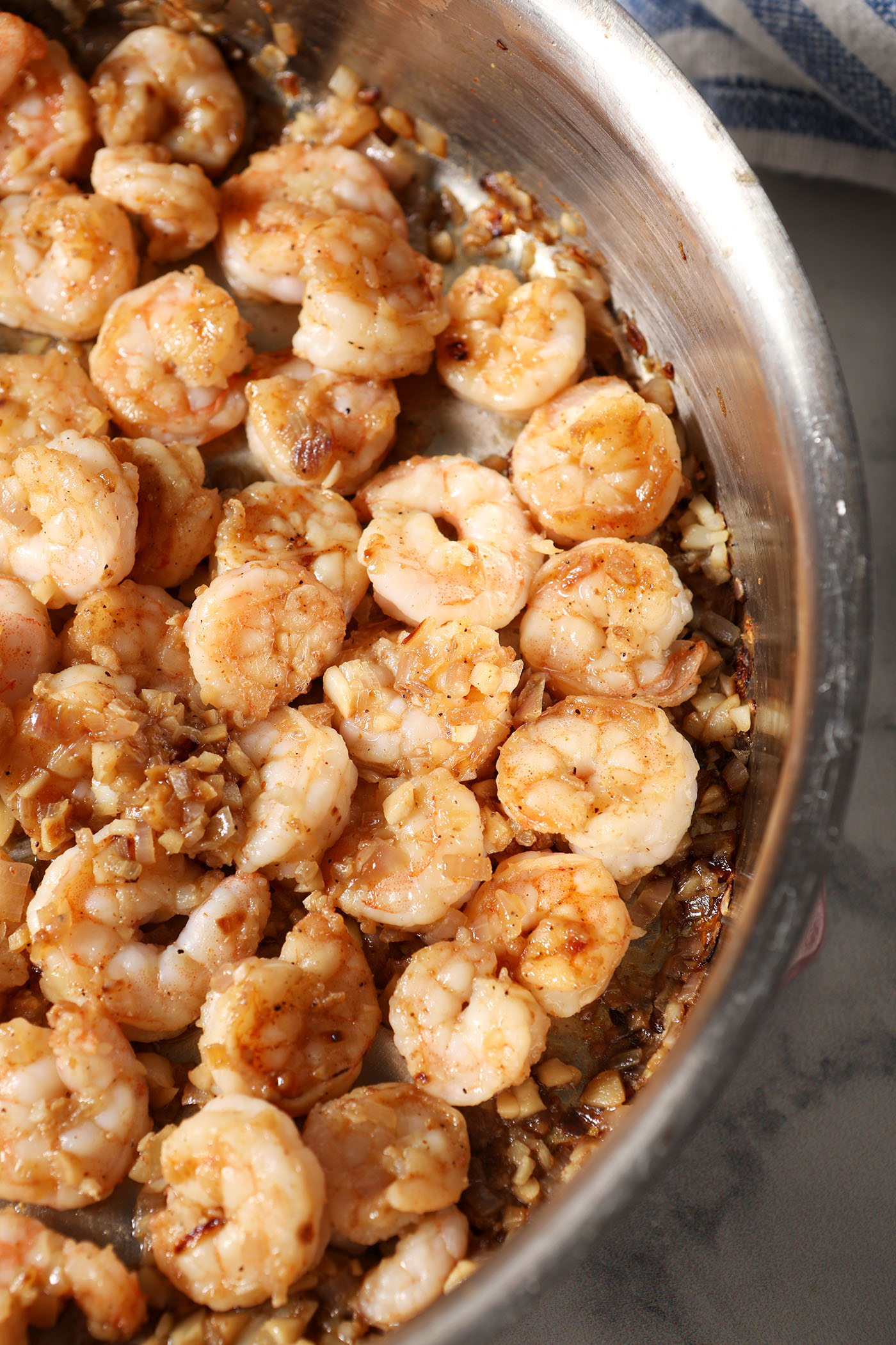 Cooked shrimp in a skillet