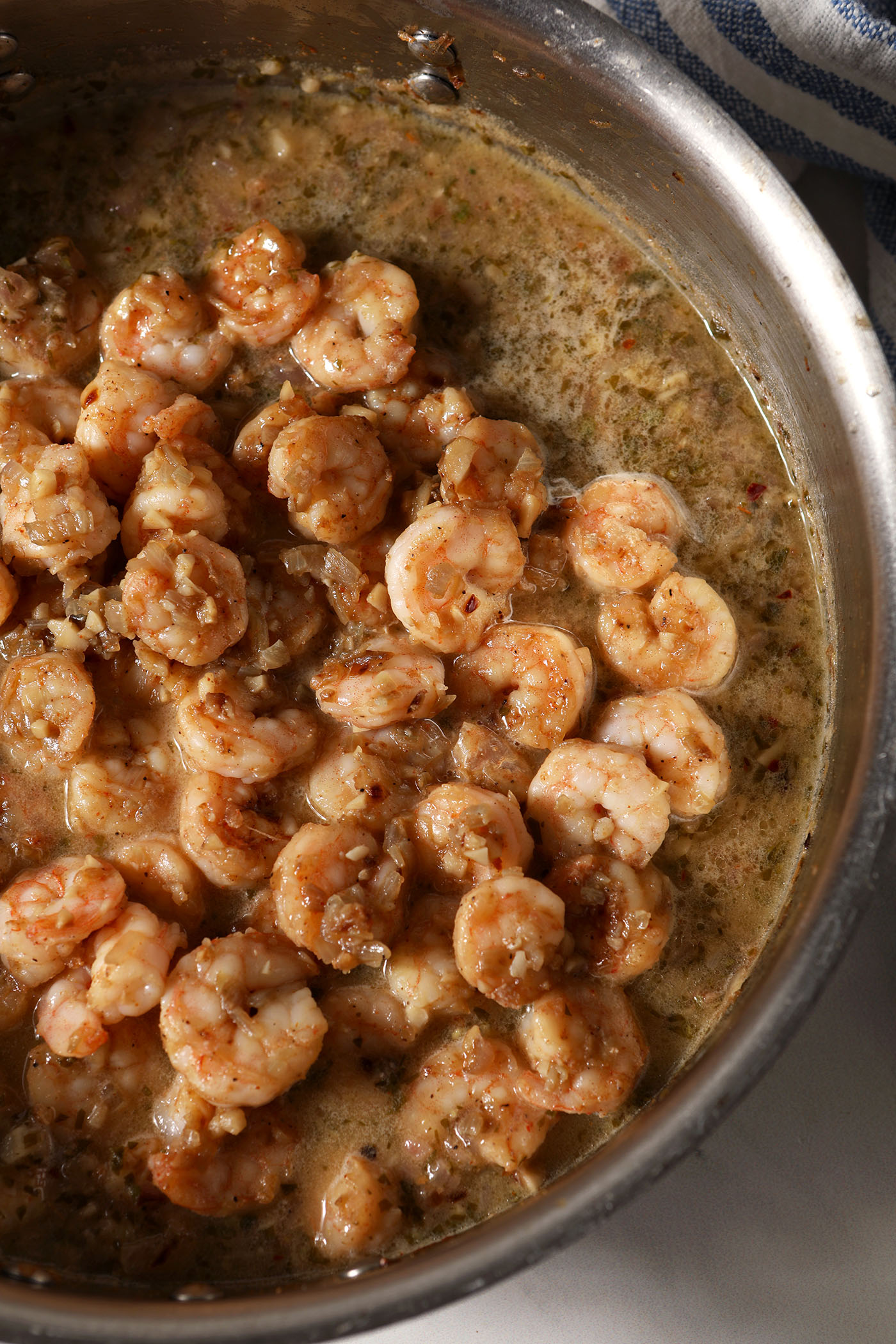 Cooked shrimp in the pasta sauce