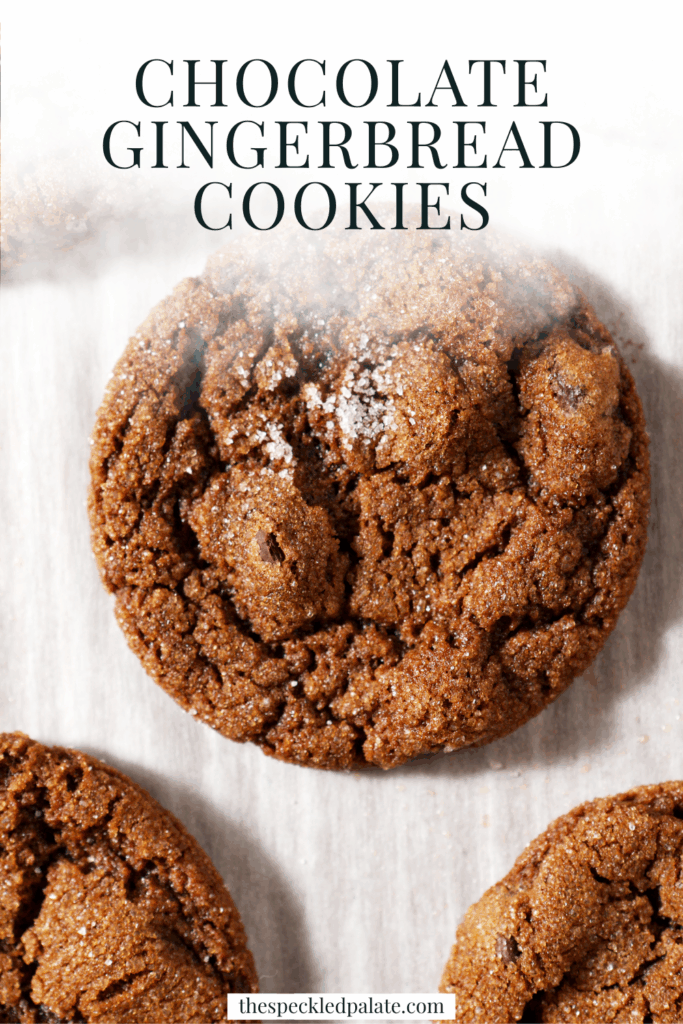 Chocolate Gingerbread Cookies on white parchment paper after baking with the text chocolate gingerbread cookies