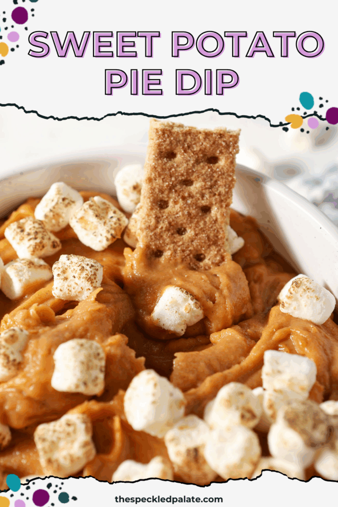 A graham cracker sits in a bowl of sweet potato dessert dip topped with toasty marshmallows with the text sweet potato pie dip