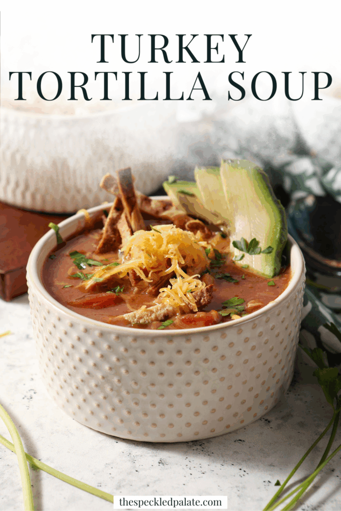side angle of two bowls of turkey tortilla soup topped with shredded cheddar, tortilla sticks and avocado slices with the text turkey tortilla soup