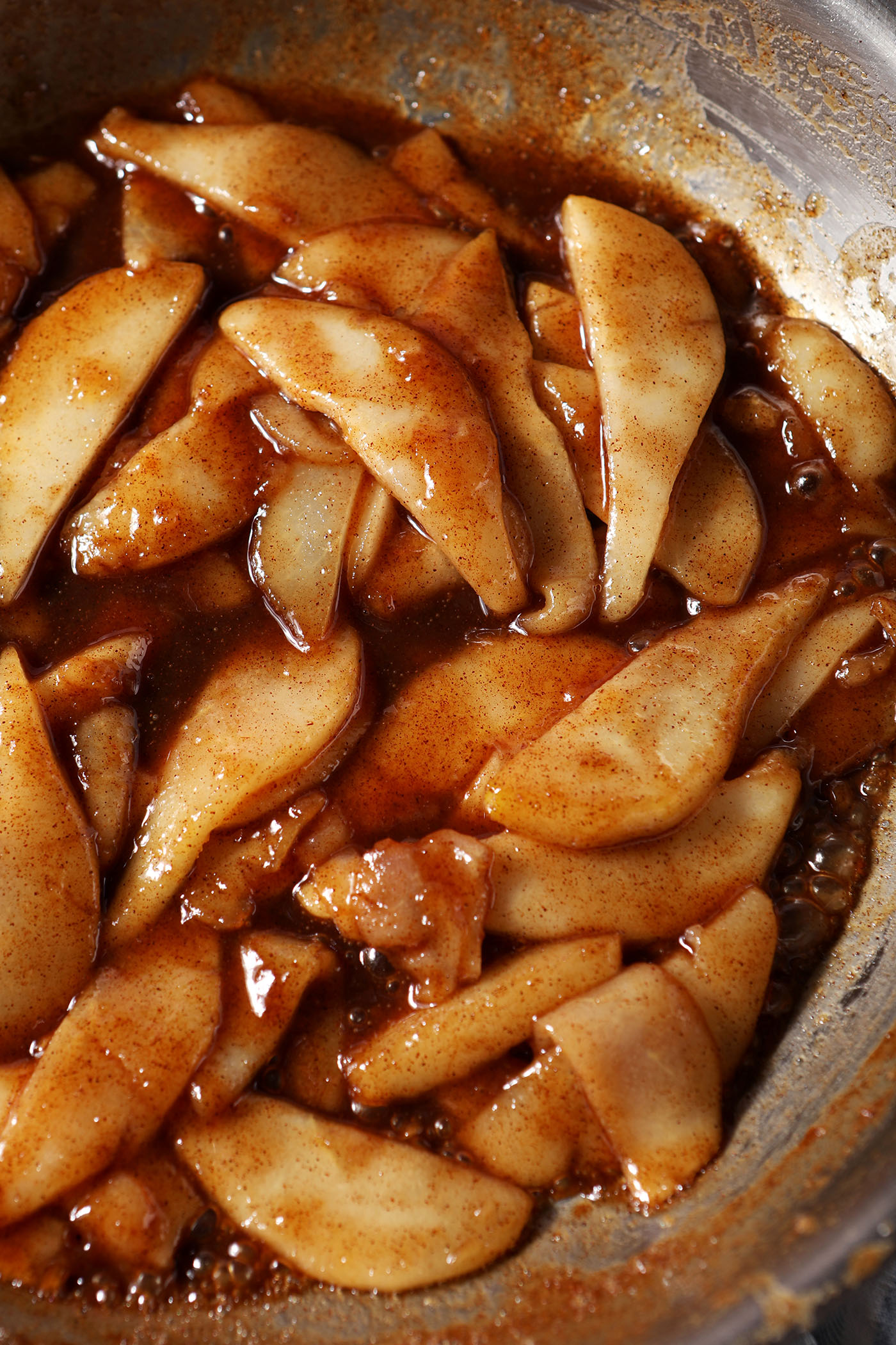 Gooey caramelized pears in a skillet