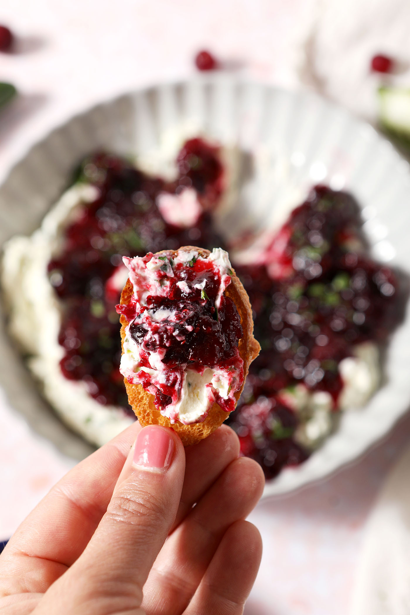 A hand holds a crostini holding cranberry cream cheese dip with jalapeño cream cheese over a platter with the dip