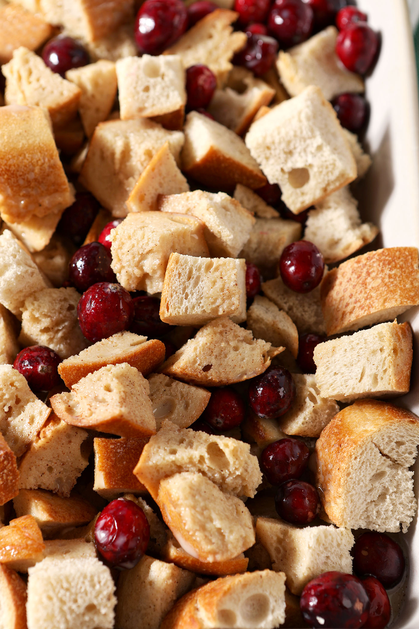 Closeup of diced bread and cranberries in a casserole dish