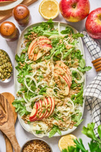 Overhead of a large serving plate of Shaved Fennel and Apple Farro Salad, surrounded by ingredients, wooden utensils and a blue patterned linen