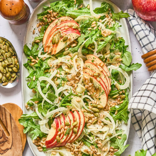 Overhead of a large serving plate of Shaved Fennel and Apple Farro Salad, surrounded by ingredients, wooden utensils and a blue patterned linen