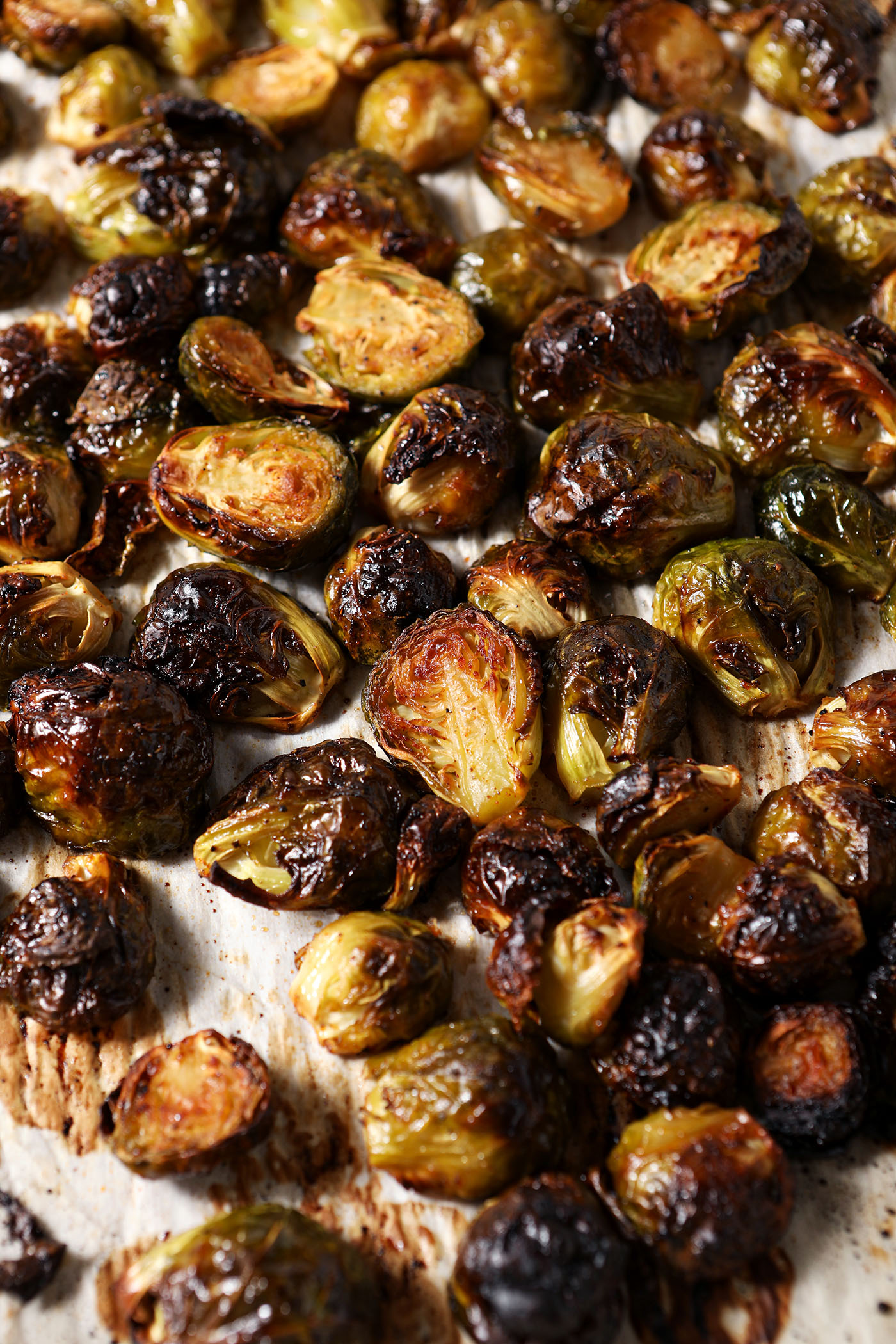 Maple brussels sprouts on a sheet pan after roasting