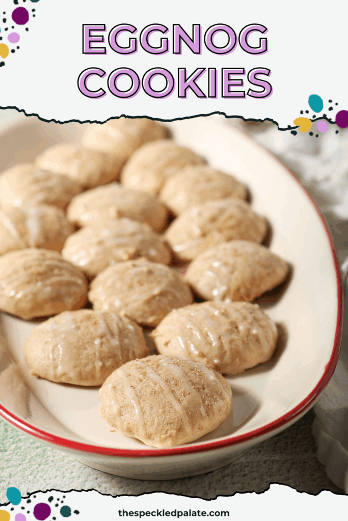 A plate of eggnog cookies in front of two bottles of eggnog with the text eggnog cookies