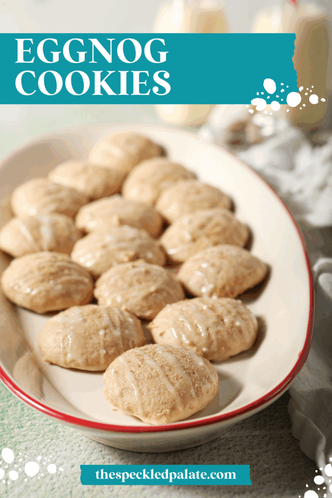 A plate of eggnog cookies in front of two bottles of eggnog with the text eggnog cookies