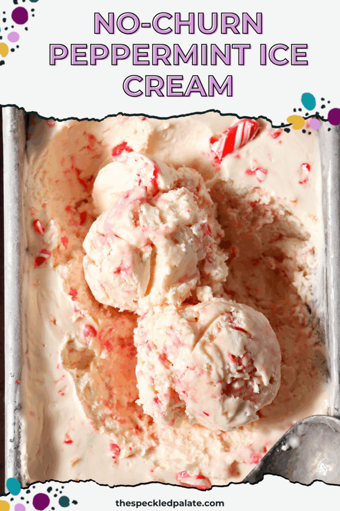 Two scoops of peppermint ice cream in a loaf pan with the text no churn peppermint ice cream