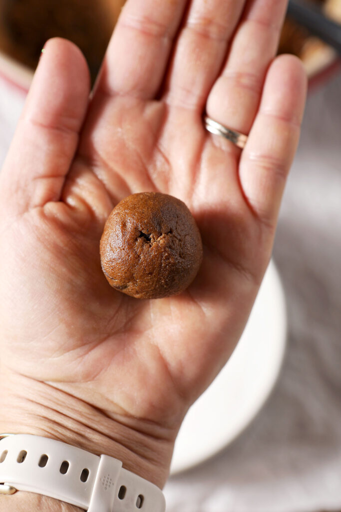 A brown cookie dough ball in a hand