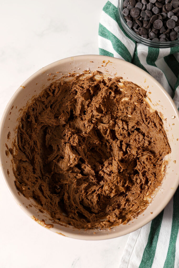 The cookie dough for chocolate ginger cookies in a bowl