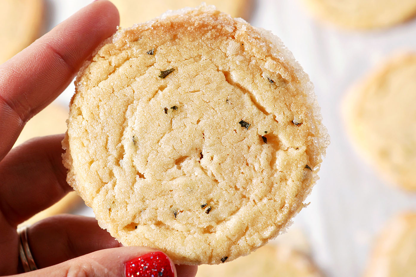 Closeup of a hand holding a rosemary shortbread cookie over a plate of more cookies