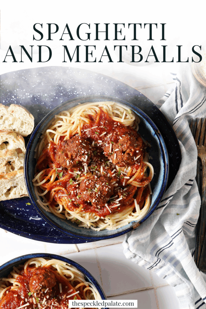 Three bowl of spaghetti and meatballs on a white tiled surface surrounded by garnishes and bread with the text spaghetti and meatballs