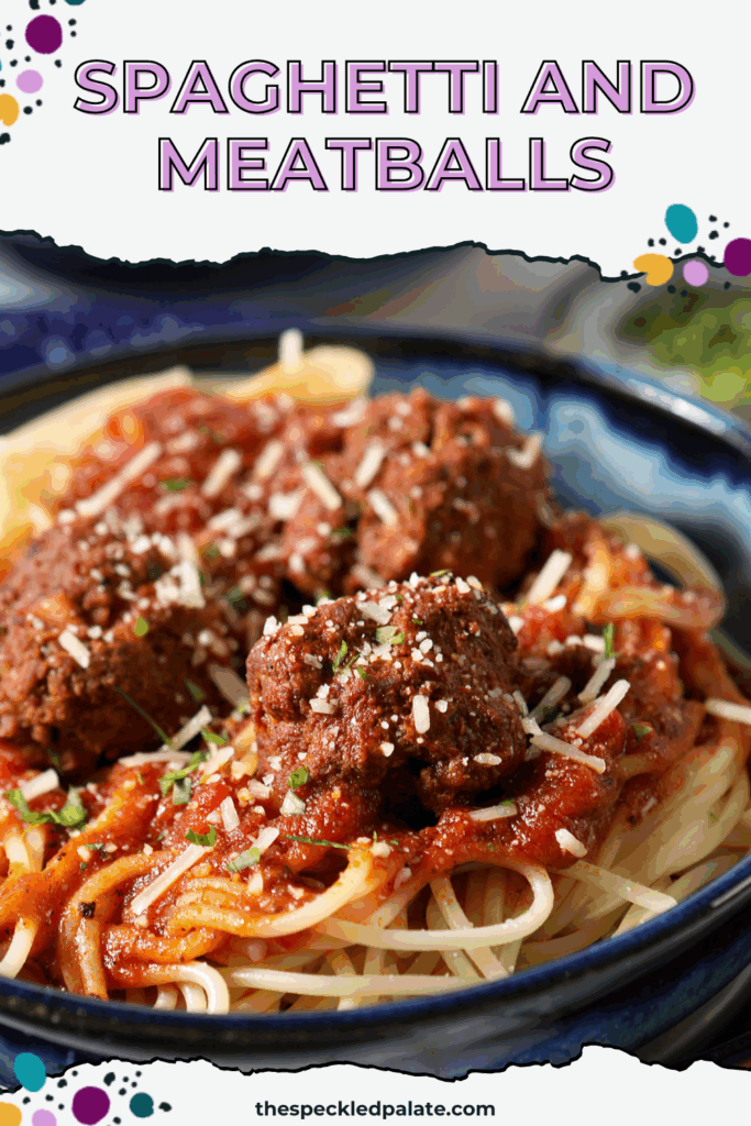 Side angle of a blue bowl holding a large serving of mom’s spaghetti and meatballs, garnished with parsley and parmesan cheese with the text spaghetti and meatballs