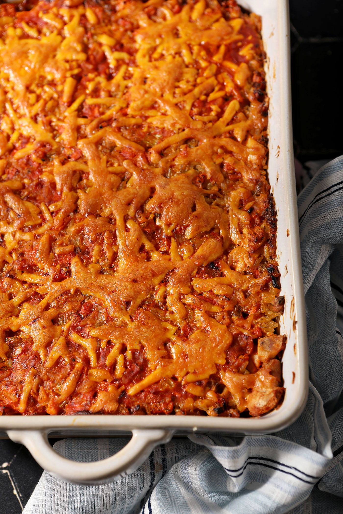 Overhead of a buffalo chicken casserole after baking