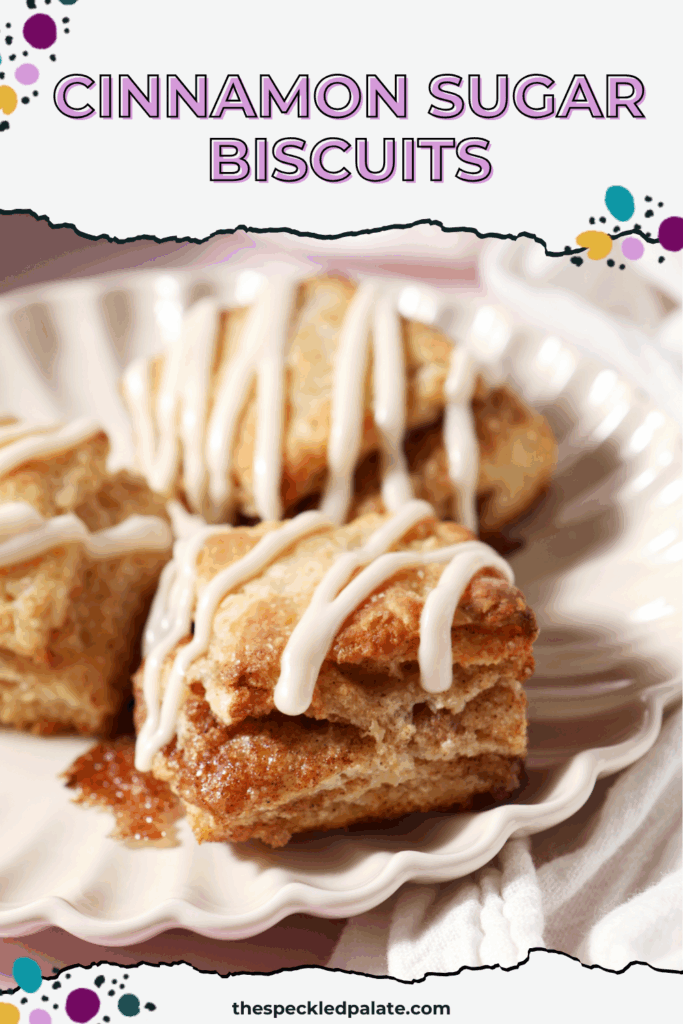 a plate holds three cinnamon biscuits drizzled with frosting with the text cinnamon sugar biscuits