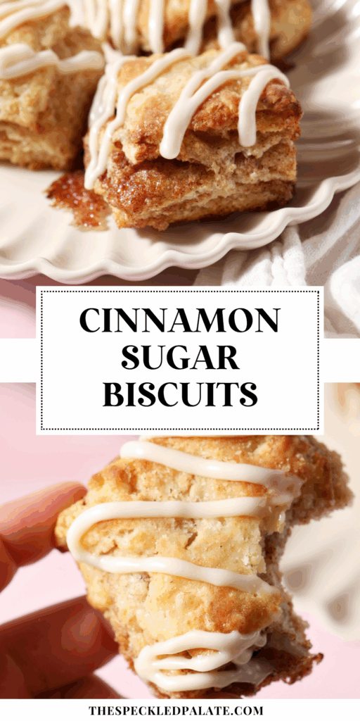 collage of two images showing cinnamon biscuits drizzled with icing from two angles with the text cinnamon sugar biscuits