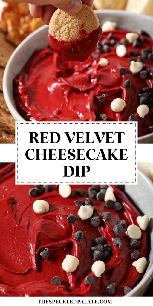 collage of two images showing red velvet dip from two angles in a bowl with the text red velvet cheesecake dip