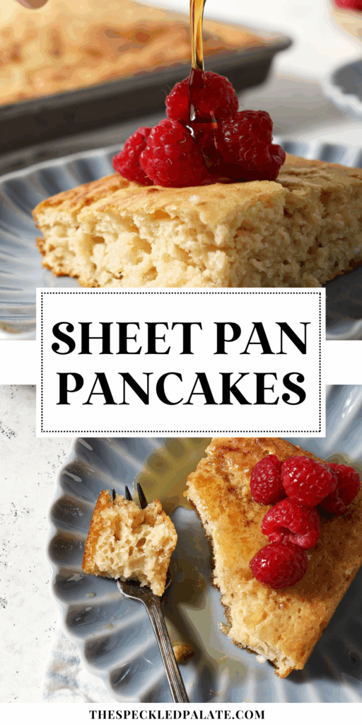collage of two images showing square pancakes from two different angles with the text sheet pan pancakes