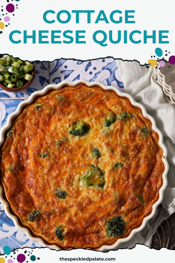 Overhead of a Crustless Cottage Cheese Quiche on a blue and white tiled surface surrounded by green onions with the text cottage cheese quiche