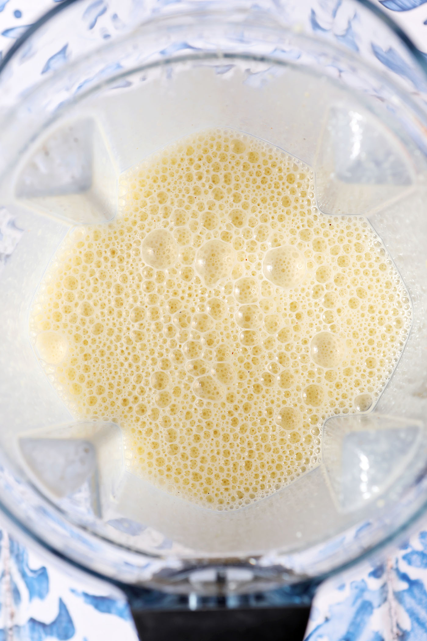 Blended quiche ingredients in a blender