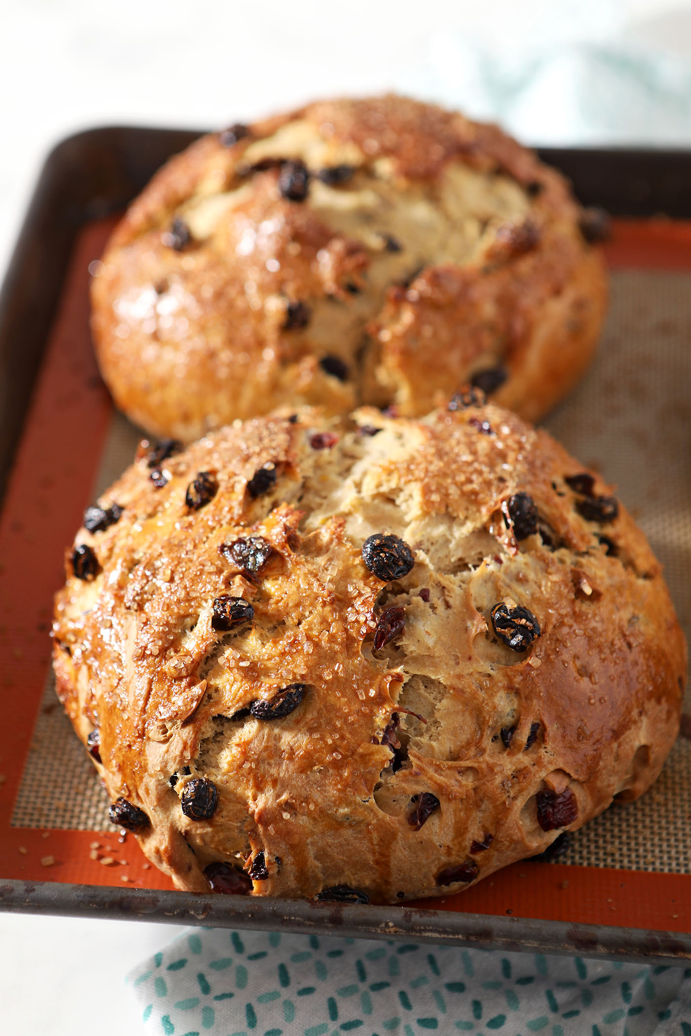Two loaves of fruit bread for easter sit next to each other on a sheet pan after baking