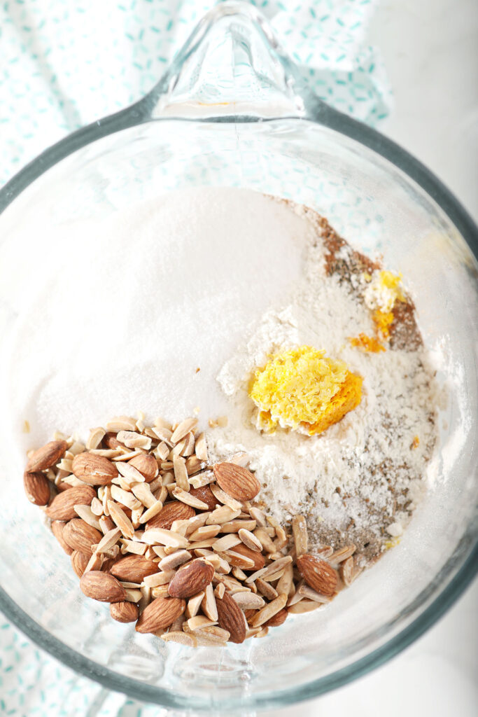 Dry ingredients for fruit bread in a bowl, before mixing