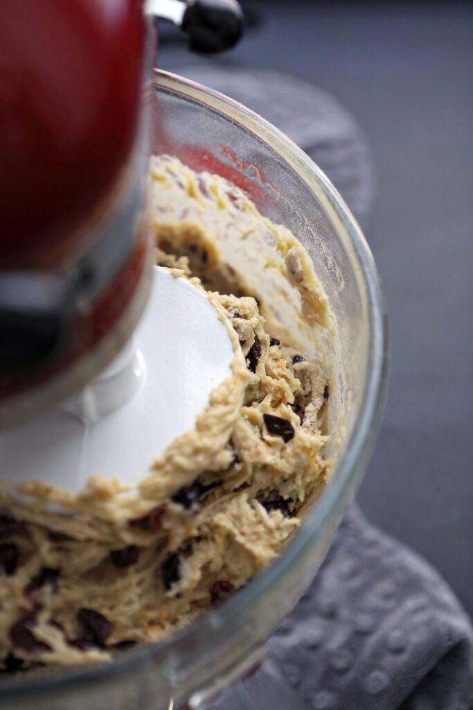 Fruit bread batter in a blender, as it mixes