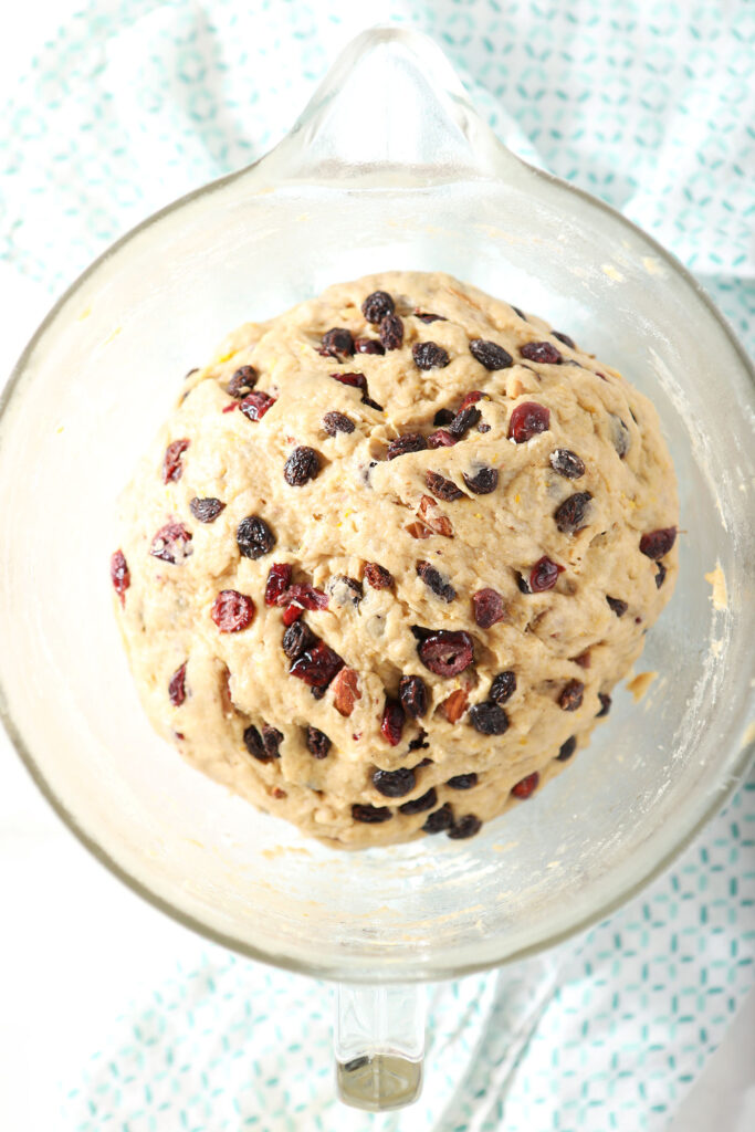 A round of easter bread in a greased bowl, before rising