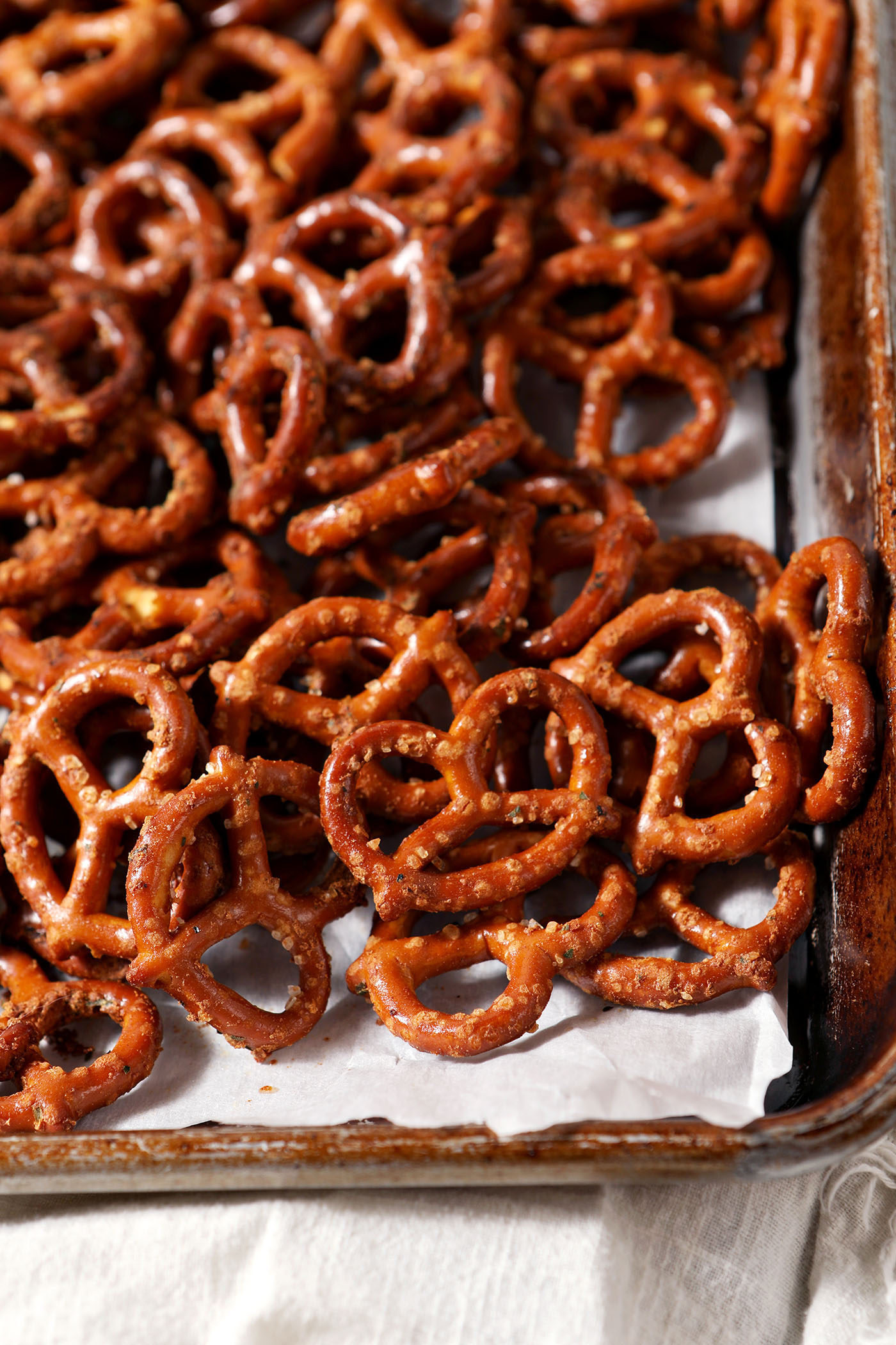 Baked ranch pretzels on a sheet pan